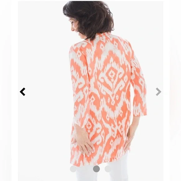 Chico’s Ikat Linen Jacket Open Front Cardigan in Sunrise Orange Size - Picture 2 of 9